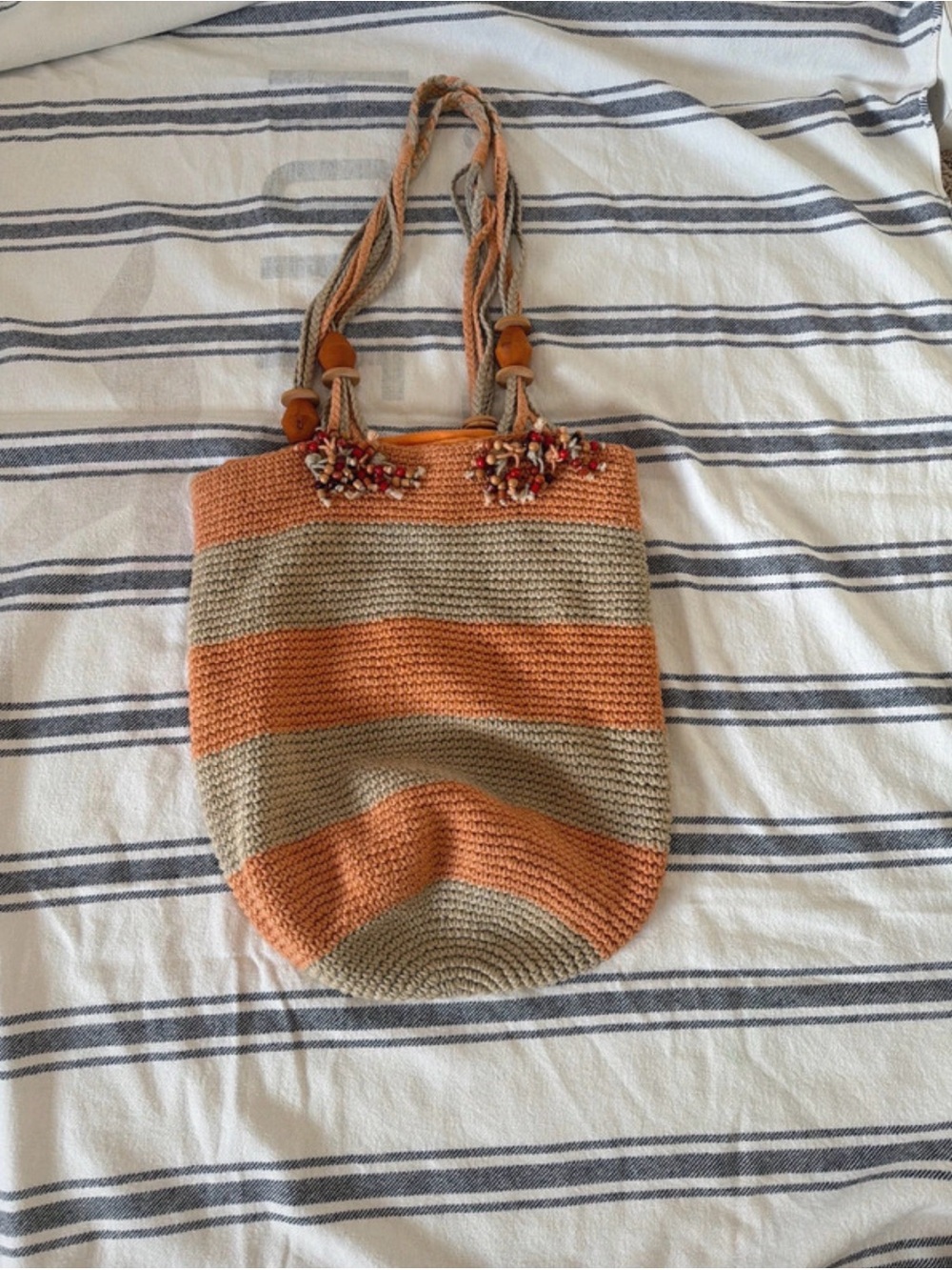 Striped Crochet Tote Bag in Orange and Tan